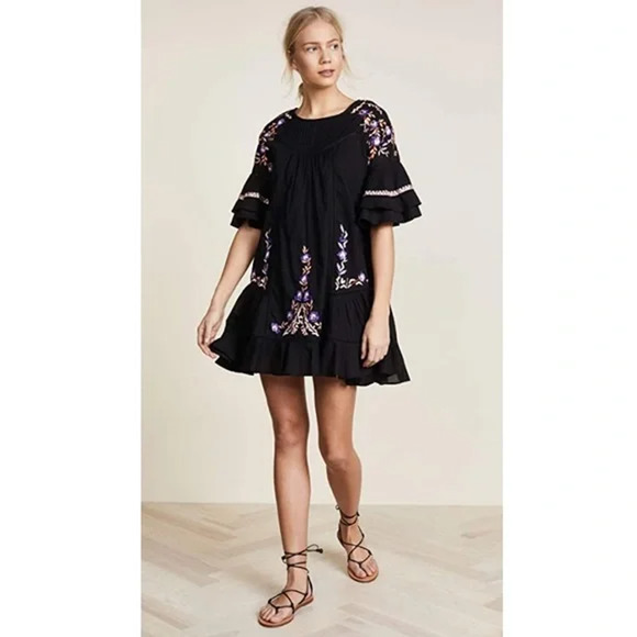 Free People Dress Medium Black Pavlo Emroidered Smock Short Sleeve A-Line Boho - Picture 13 of 13